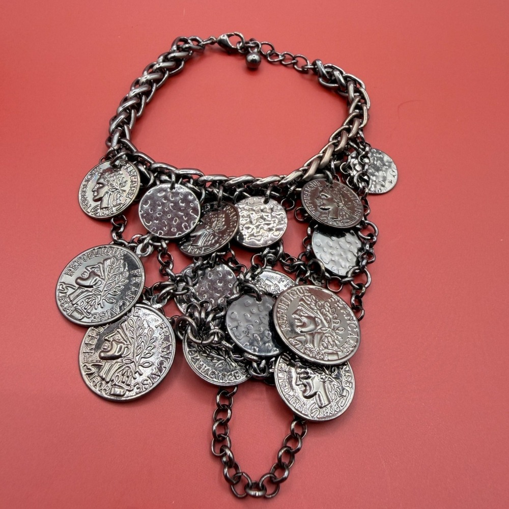 French Coin Charm Bracelet Silver Tone Chunky Chain Statement Vintage Inspired